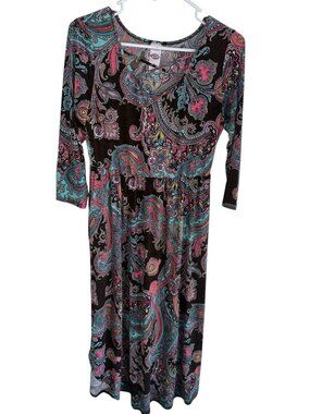 Pink Coconut Exchange 3/4 Sleeve Midi Dress Brown Teal Paisley Boho Y2K Style M